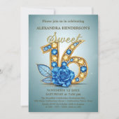 Blue Gold Gemstone Rose Jeweled Sweet Sixteen Einladung (Vorderseite)