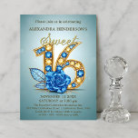 Blue Gold Gemstone Rose Jeweled Sweet Sixteen  Einladung<br><div class="desc">This exquisite Sweet 16 invitation is a sparkling jewel, featuring a magnificent "Sweet 16" emblazoned in glittering gold, each numeral studded with brilliant blue and golden yellow gemstones. A captivating sapphire blue rose, meticulously crafted with delicate leaves, blooms gracefully at the base, adding a touch of sophisticated elegance. The serene...</div>