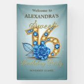 Blue Gold Gemstones Crystal Rose Sweet 16 Welcome Banner (Vertikal)