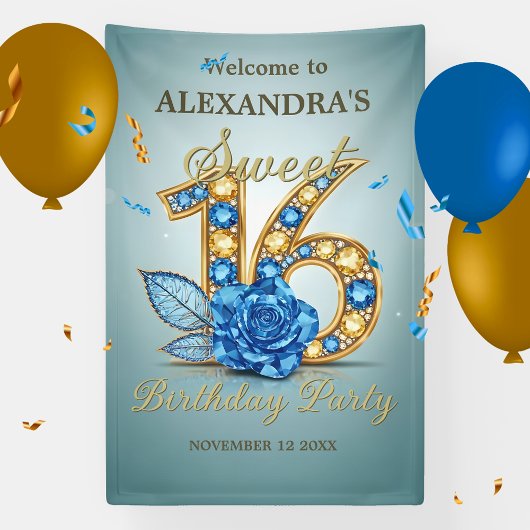 Blue Gold Gemstones Crystal Rose Sweet 16 Welcome Banner