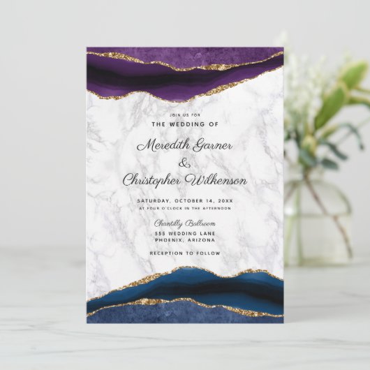 Blue Gold Geode Lila Agate Wedding Einladung (Stehend Vorderseite)
