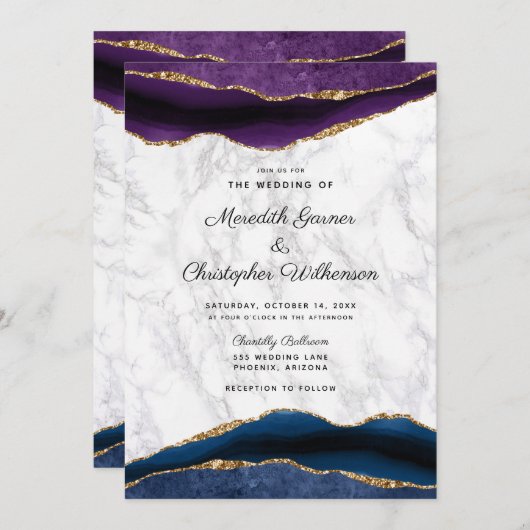 Blue Gold Geode Lila Agate Wedding Einladung (Vorne/Hinten)