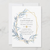 Blue & Gold Geometric Eukalyptus Leaf-Bestätigung Einladung (Vorderseite)