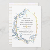 Blue & Gold Geometric Eukalyptus Leaf-Bestätigung Einladung (Vorne/Hinten)