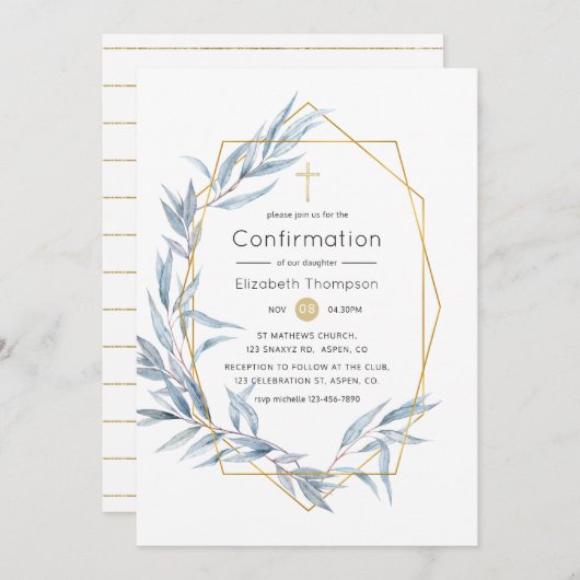 Blue & Gold Geometric Eukalyptus Leaf-Bestätigung Einladung (Vorne/Hinten)