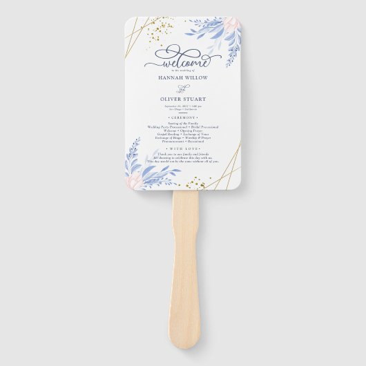 Blue Gold Geometric Pink Floral Wedding Programs Fächer (Vorderseite)