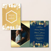 Blue Gold Geometric Tropical Foto Wedding Folienkarte (Anzeige)