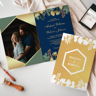 Blue Gold Geometric Tropical Foto Wedding Folienkarte