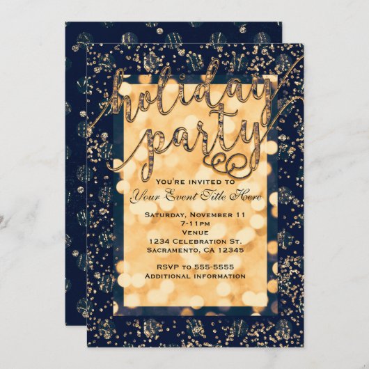 Blue & Gold Glam Dots Holiday Party Einladungen (Vorne/Hinten)