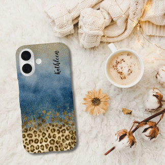 Blue Gold Glitter Leopard Print Monogram Name iPhone 16 Hülle