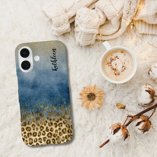 Blue Gold Glitter Leopard Print Monogram Name Case-Mate iPhone Hülle