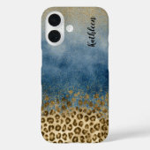 Blue Gold Glitter Leopard Print Monogram Name Case-Mate iPhone Hülle (Rückseite)