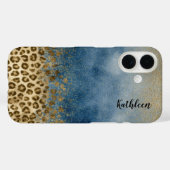 Blue Gold Glitter Leopard Print Monogram Name Case-Mate iPhone Hülle (Rückseite (Horizontal))