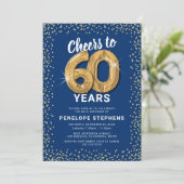 Blue Gold Glitzer 60. Geburtstagsparty Einladung (Stehend Vorderseite)