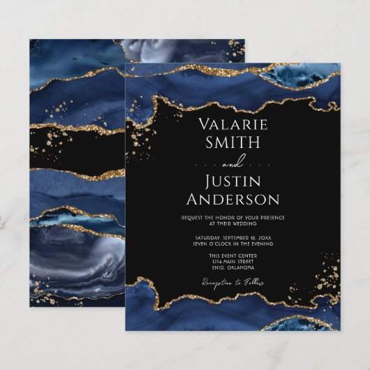 Blue Gold Glitzer Agate Hochzeitseinladung (Vorne/Hinten)