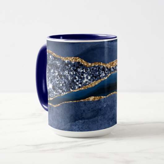 Blue Gold Glitzer Agate Marble Tasse (Vorderseite Links)