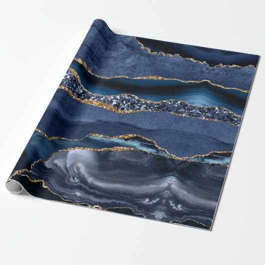 Blue Gold Glitzer Agate Marble Trendy Chic Geschenkpapier (Ungerollt)