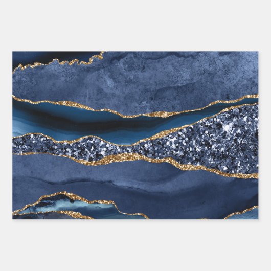 Blue Gold Glitzer Agate Marble Trendy Geschenkpapier Set (Vorderseite 2)
