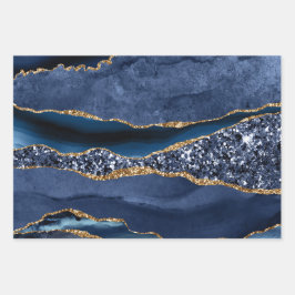Blue Gold Glitzer Agate Marble Trendy Geschenkpapier Set