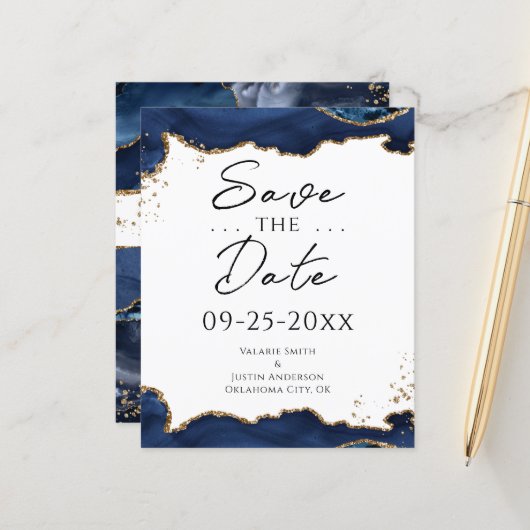 Blue Gold Glitzer Agate Save the Date (Vorderseite/Rückseite Beispiel)