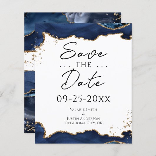 Blue Gold Glitzer Agate Save the Date (Vorne/Hinten)