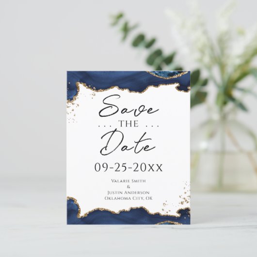Blue Gold Glitzer Agate Save the Date (Stehend Vorderseite)
