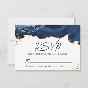 Blue Gold Glitzer Agate Stone Wedding RSVP Card Karte