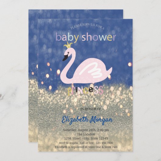 Blue, Gold Glitzer Bokeh, Swan Baby Showroom Einladung (Vorne/Hinten)