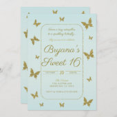 Blue & Gold Glitzer Butterfly Sweet 16 Party Einladung (Vorne/Hinten)
