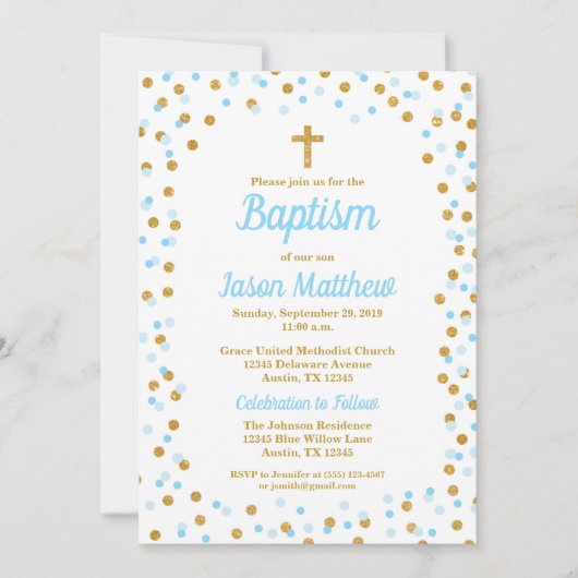 Blue & Gold Glitzer Confetti Taufe Einladung (Vorderseite)