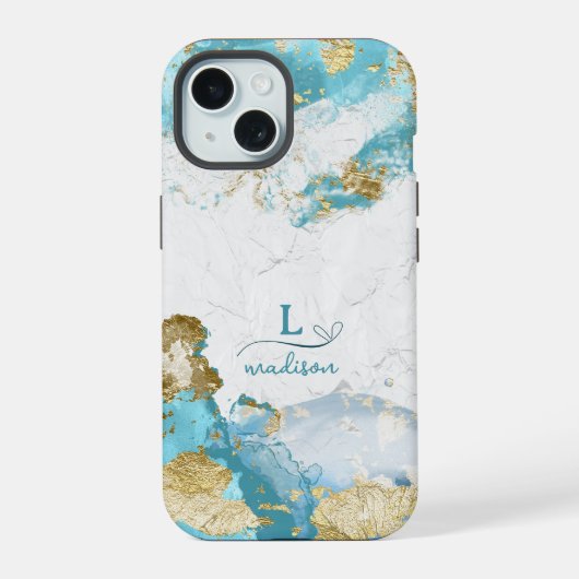 Blue Gold Glitzer Custom Monogram iPhone 15 Hülle (Rückseite)