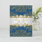 Blue Gold Glitzer Damask Quinceanera Einladung (Stehend Vorderseite)