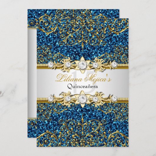 Blue Gold Glitzer Damask Quinceanera Einladung (Vorne/Hinten)