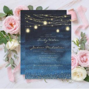 Blue Gold Glitzer Fairy Lights Hochzeit Einladung