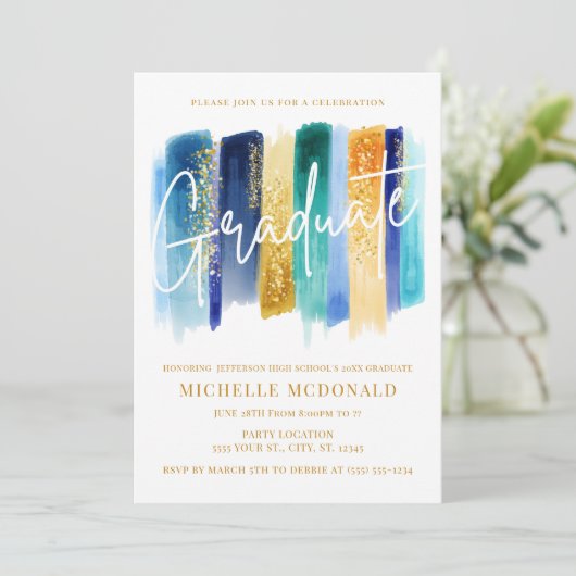 Blue & Gold Glitzer Graduation Party Einladung (Stehend Vorderseite)