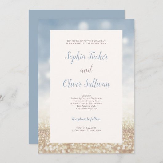 Blue & Gold Glitzer Hintergrund Hochzeitseinladung Einladung (Vorne/Hinten)