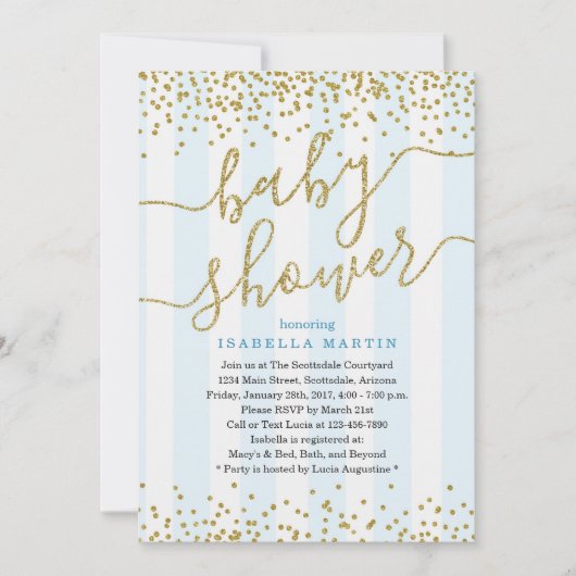 Blue & Gold Glitzer Kinderdusche Einladung für Jun (Vorderseite)