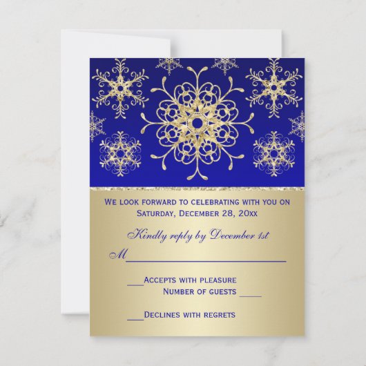 Blue, Gold Glitzer LOOK Snowflakes RSVP Card (Rückseite)