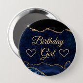 Blue & Gold Glitzer Marble Agate Birthday Girl Button (Vorne & Hinten)