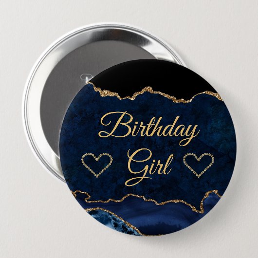Blue & Gold Glitzer Marble Agate Birthday Girl Button (Vorne & Hinten)