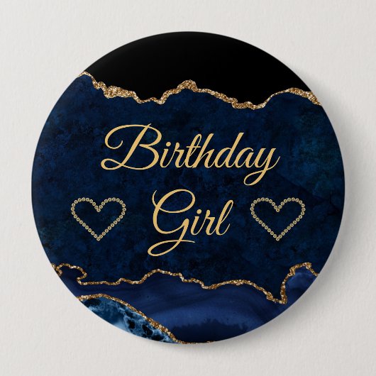 Blue & Gold Glitzer Marble Agate Birthday Girl Button (Vorderseite)