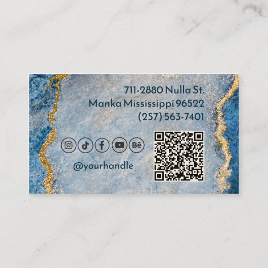 Blue & Gold Glitzer Marble Social Media & QR Code Visitenkarte (Rückseite)