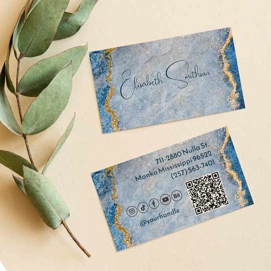 Blue & Gold Glitzer Marble Social Media & QR Code Visitenkarte