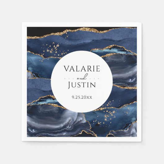 Blue Gold Glitzer Marble Wedding Napkins Serviette (Vorderseite)