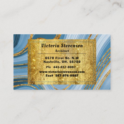 Blue Gold Glitzer Marmor Monogram Elegant Abstrakt Visitenkarte (Rückseite)