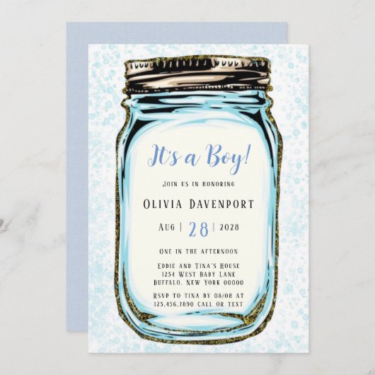 Blue Gold Glitzer Mason Jar Boy Baby Dusche Einladung (Vorne/Hinten)