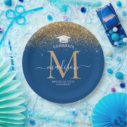 Blue Gold Glitzer Monogram Grad Graduation Party Pappteller (Party)