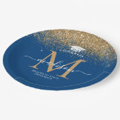 Blue Gold Glitzer Monogram Grad Graduation Party Pappteller (Schrägansicht)