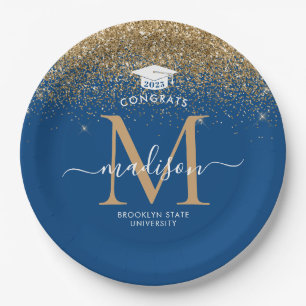 Blue Gold Glitzer Monogram Grad Graduation Party Pappteller