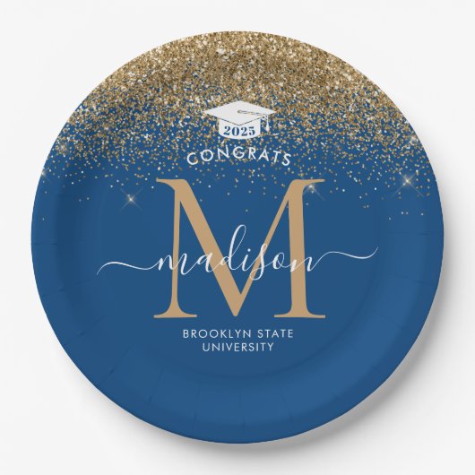 Blue Gold Glitzer Monogram Grad Graduation Party Pappteller (Vorderseite)